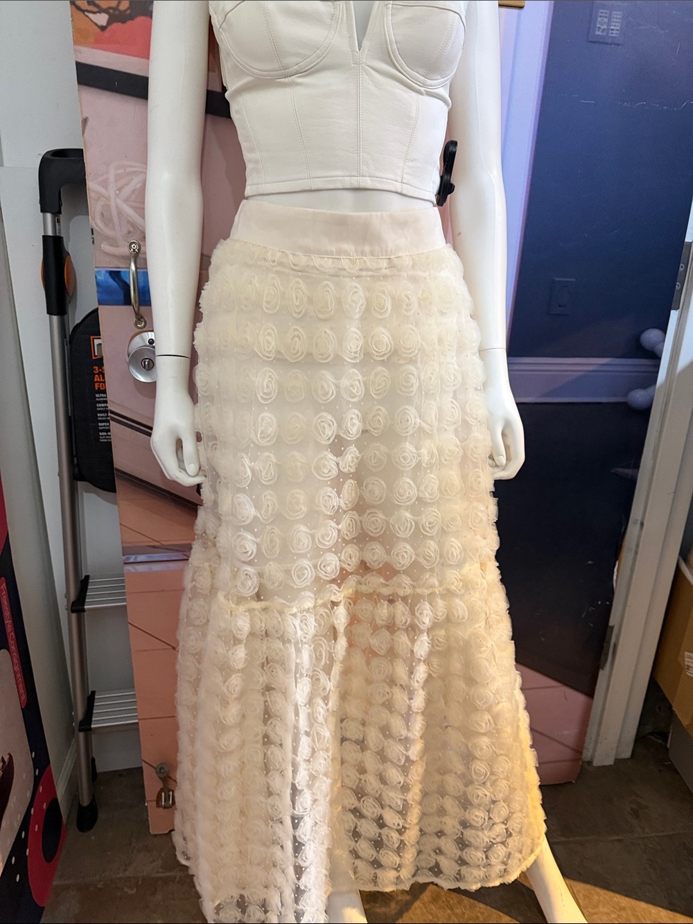 For Love And Lemons Cream Rosette Tiered Maxi Skirt
